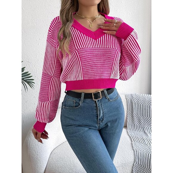 Women's Cropped Sweater Knit V-Neck Long Sleeve Casual Pullover - Picture 5 of 5